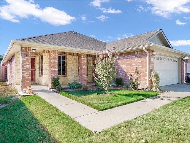 ranch-style house featuring a front lawn and a garage