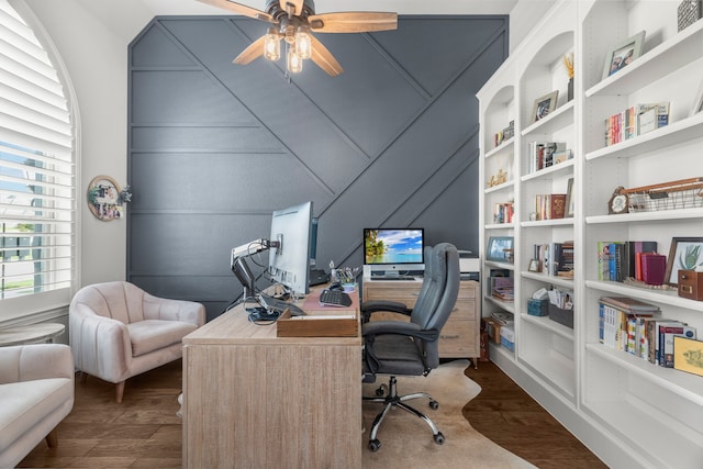 office area featuring ceiling fan and dark hardwood / wood-style floors