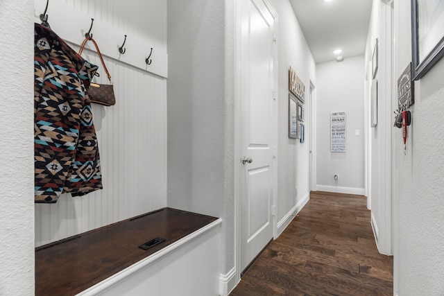 mudroom featuring dark wood-type flooring