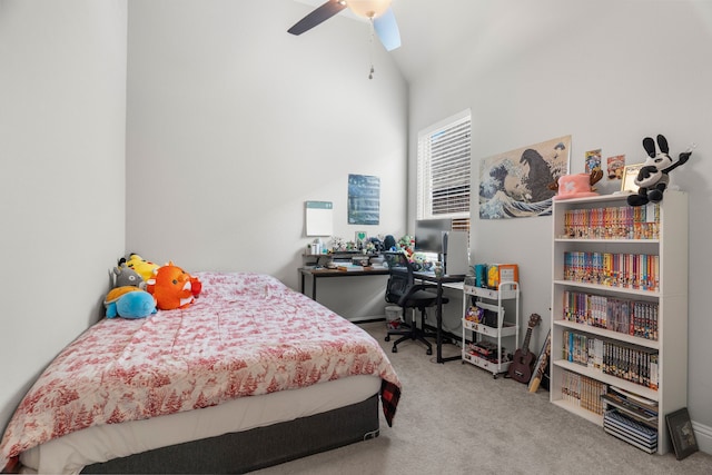 bedroom featuring light colored carpet, ceiling fan, and vaulted ceiling