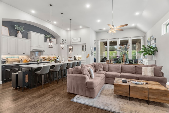 living room featuring high vaulted ceiling, hardwood / wood-style flooring, ceiling fan, and a wealth of natural light