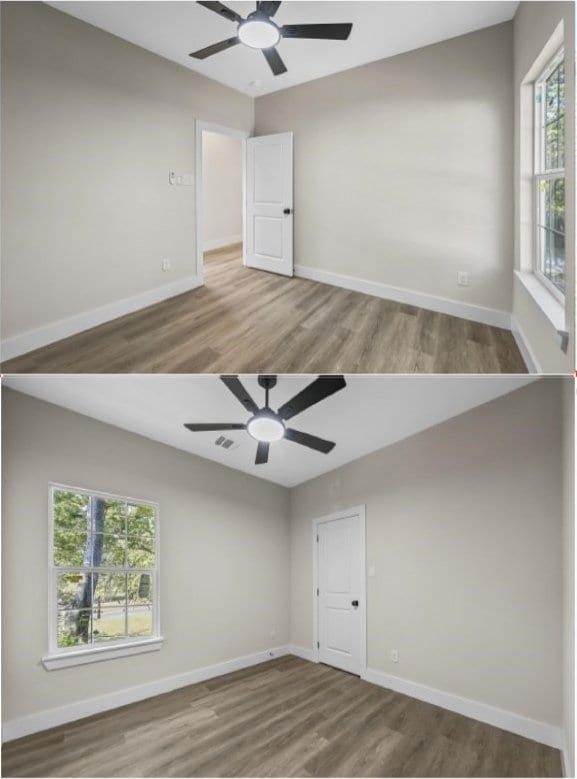 spare room with plenty of natural light, wood-type flooring, and ceiling fan