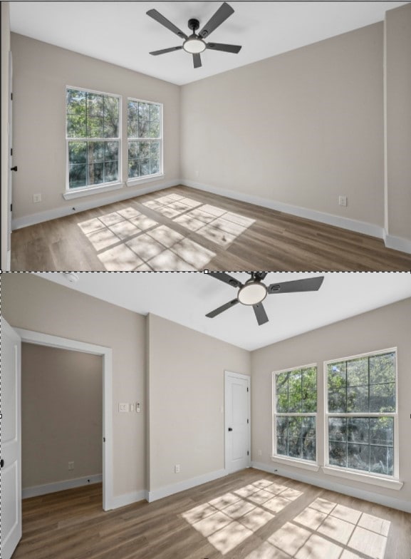 unfurnished room featuring ceiling fan, hardwood / wood-style flooring, and a wealth of natural light