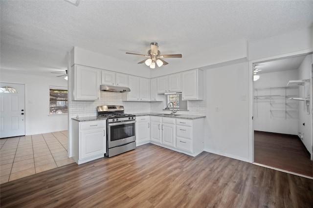 kitchen featuring ceiling fan, sink, wood-type flooring, stainless steel gas stove, and white cabinetry