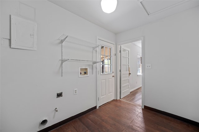 laundry area with washer hookup, electric panel, hookup for an electric dryer, gas dryer hookup, and dark hardwood / wood-style floors