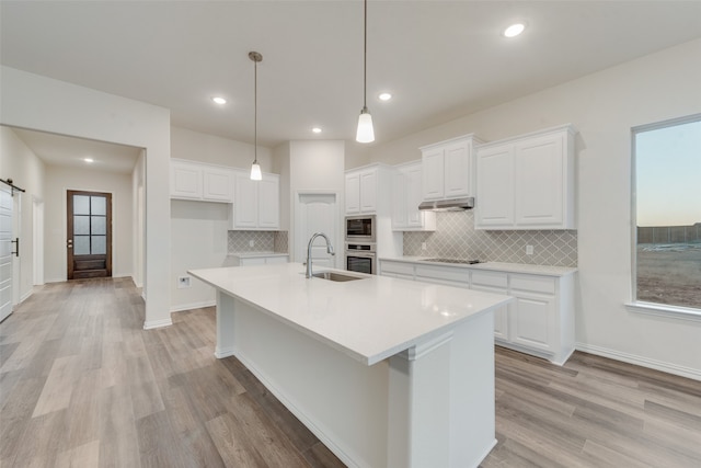 kitchen with white cabinets, appliances with stainless steel finishes, a barn door, and light hardwood / wood-style flooring