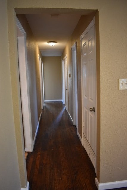 hallway with dark hardwood / wood-style flooring