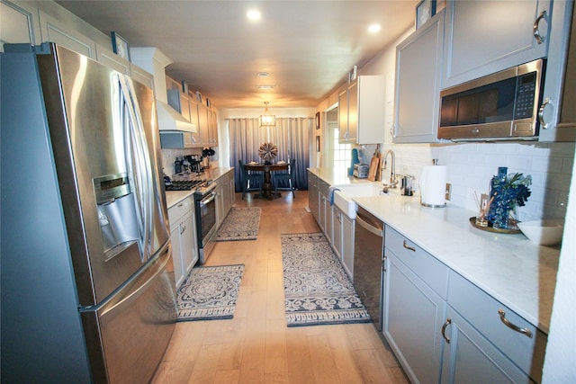 kitchen featuring custom exhaust hood, stainless steel appliances, decorative backsplash, and light hardwood / wood-style floors