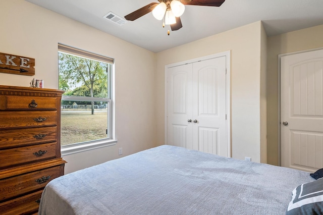 bedroom with ceiling fan and a closet