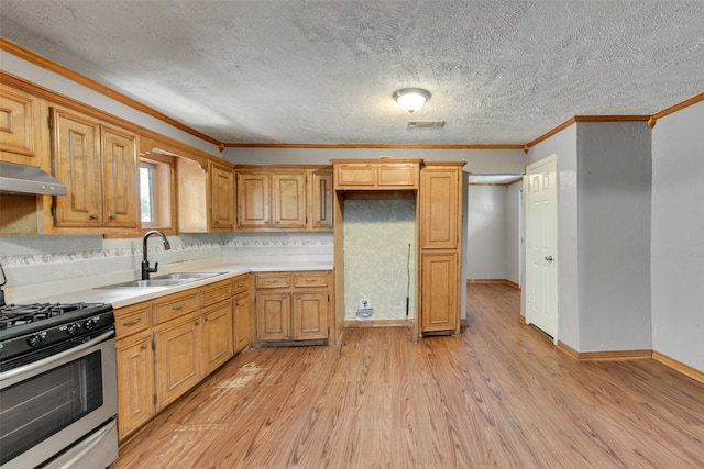 kitchen with light hardwood / wood-style floors, sink, ornamental molding, gas stove, and a textured ceiling