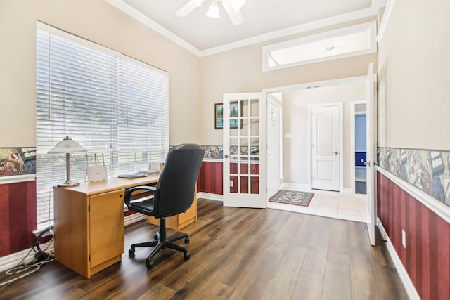 home office with french doors, wood finished floors, ceiling fan, and crown molding