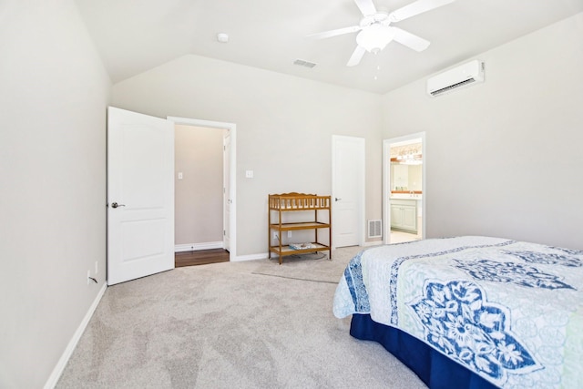 bedroom featuring lofted ceiling, visible vents, a wall mounted AC, and carpet