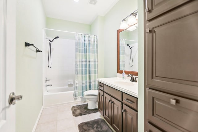 full bath featuring tile patterned flooring, visible vents, toilet, vanity, and shower / tub combo