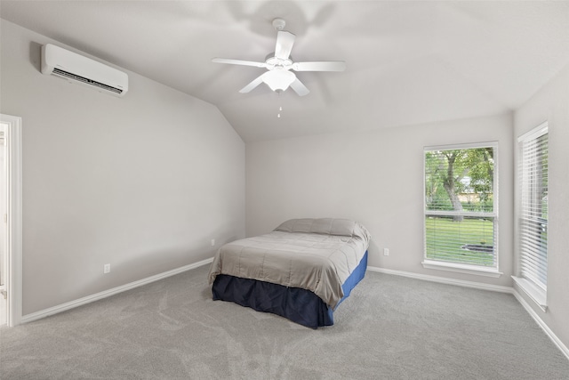 bedroom featuring a wall mounted air conditioner, ceiling fan, lofted ceiling, and light carpet