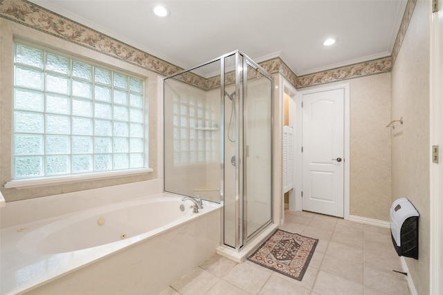 bathroom featuring plus walk in shower, heating unit, and ornamental molding