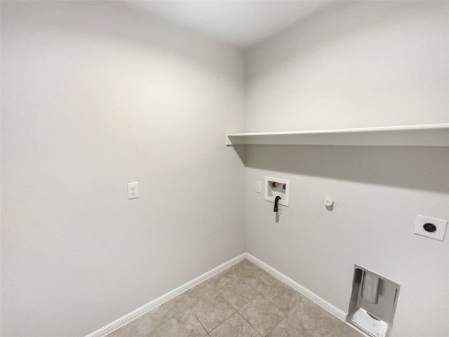 clothes washing area with hookup for an electric dryer, hookup for a gas dryer, light tile patterned floors, and washer hookup