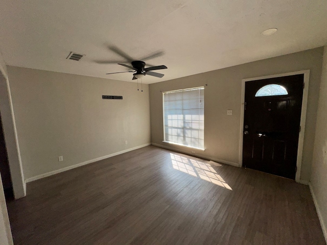 entryway featuring ceiling fan and dark hardwood / wood-style flooring