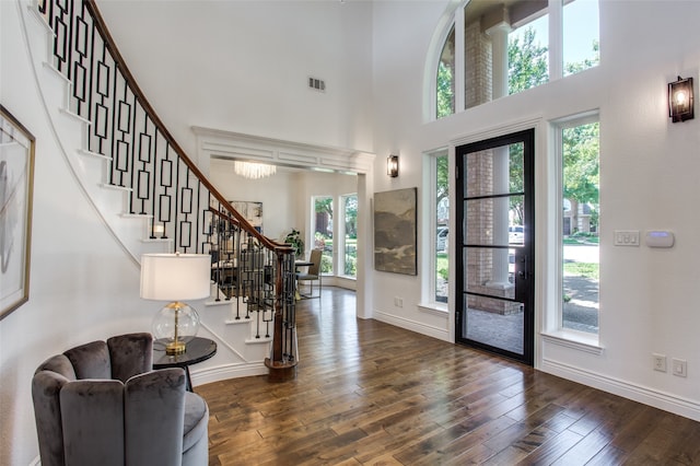 entrance foyer featuring plenty of natural light, a towering ceiling, and dark wood-type flooring