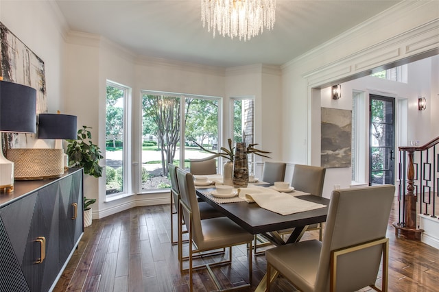 dining room featuring a chandelier, crown molding, a wealth of natural light, and dark wood-type flooring