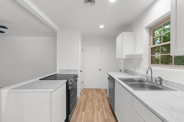 kitchen with dishwasher, light hardwood / wood-style floors, sink, black electric range oven, and white cabinets