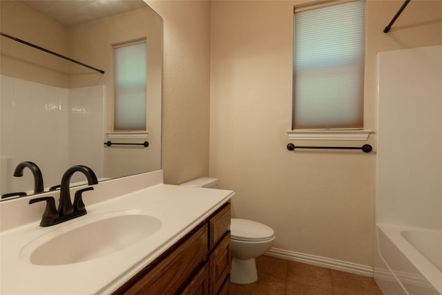 full bathroom featuring vanity, toilet, bathtub / shower combination, and tile patterned floors