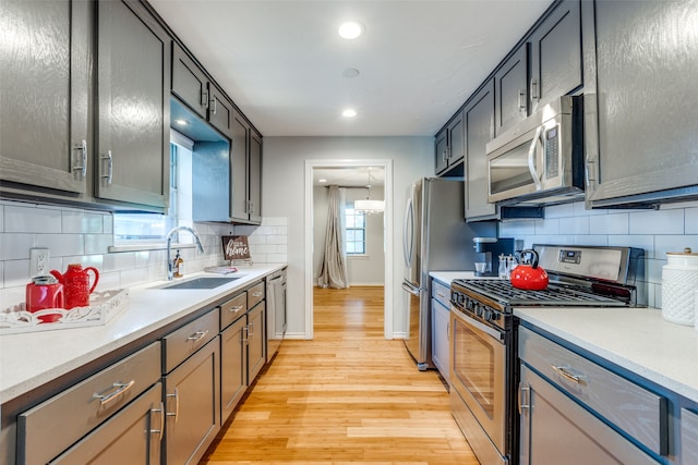 kitchen with gray cabinetry, light hardwood / wood-style flooring, stainless steel appliances, sink, and decorative backsplash