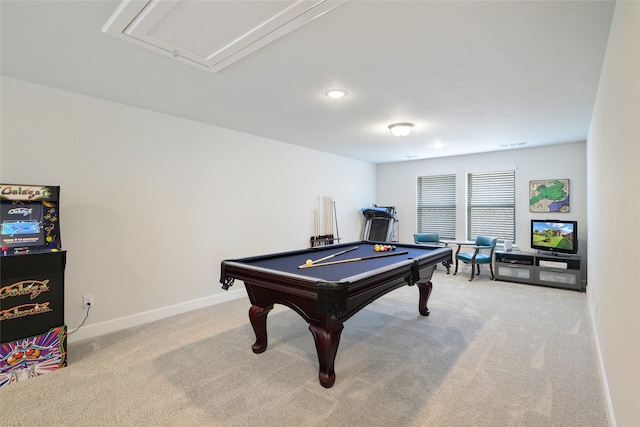 playroom featuring light colored carpet and pool table