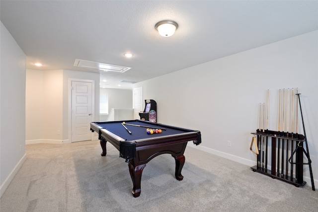 rec room featuring billiards and light colored carpet