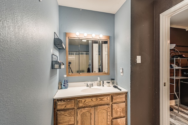 bathroom with wood-type flooring and vanity