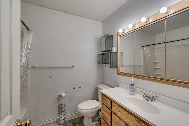 full bathroom with vanity, shower / tub combo, toilet, and tile patterned floors