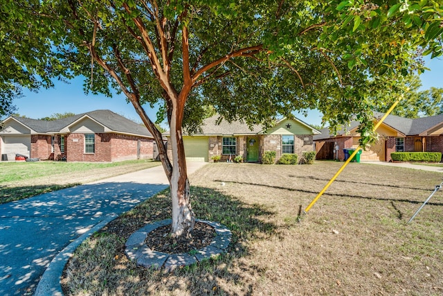 ranch-style home featuring a garage and a front lawn