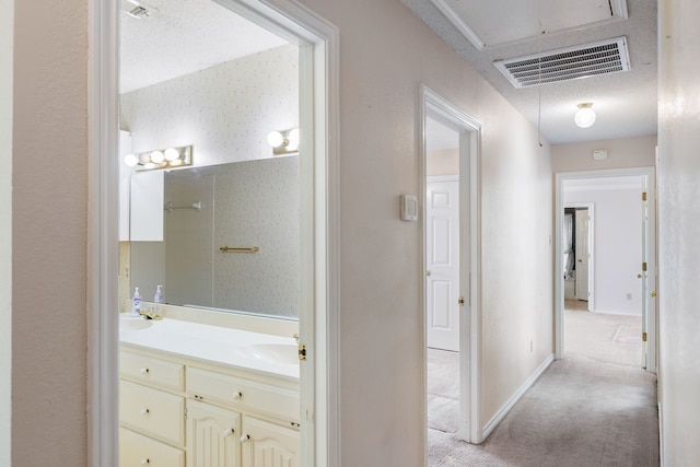 interior space with light carpet, a textured ceiling, and sink