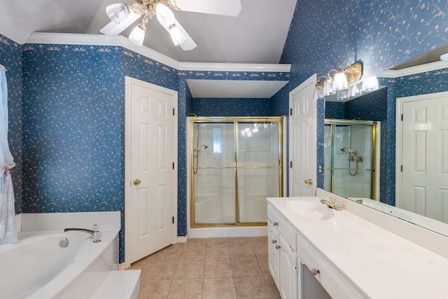 bathroom featuring vanity, ceiling fan, tile patterned floors, and shower with separate bathtub