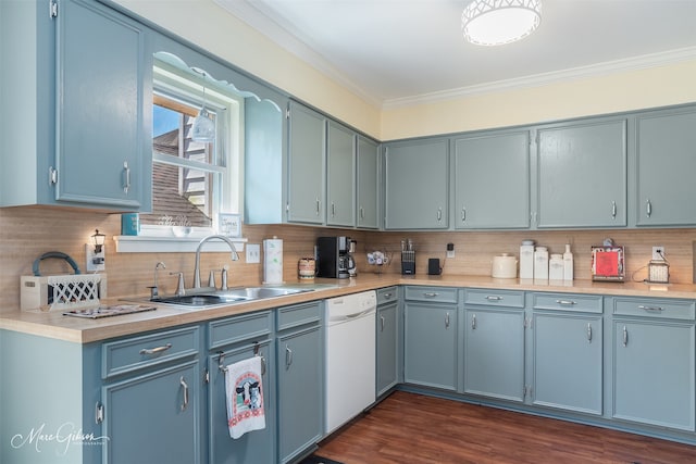 kitchen featuring white dishwasher, backsplash, dark wood-type flooring, crown molding, and sink