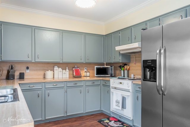 kitchen featuring crown molding, appliances with stainless steel finishes, backsplash, and dark hardwood / wood-style floors