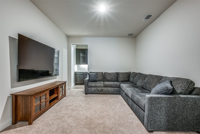 carpeted living room featuring a textured ceiling