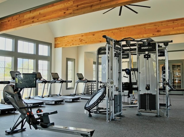 exercise room featuring ceiling fan and lofted ceiling