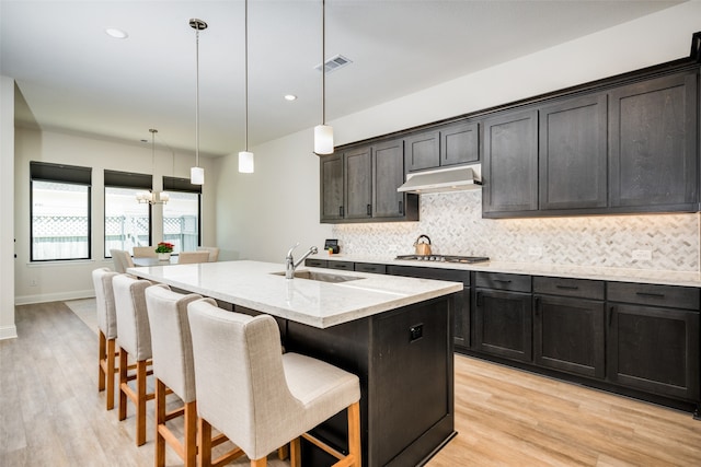 kitchen featuring sink, an island with sink, hanging light fixtures, and light hardwood / wood-style floors