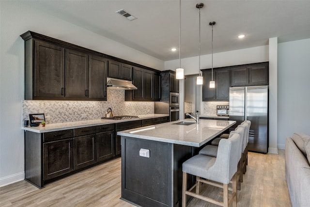 kitchen featuring backsplash, hanging light fixtures, light wood-type flooring, an island with sink, and appliances with stainless steel finishes