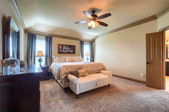 carpeted bedroom featuring ceiling fan, multiple windows, ornamental molding, and lofted ceiling