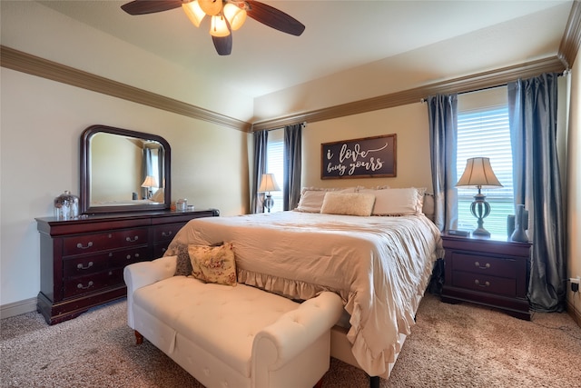 carpeted bedroom featuring ceiling fan and lofted ceiling