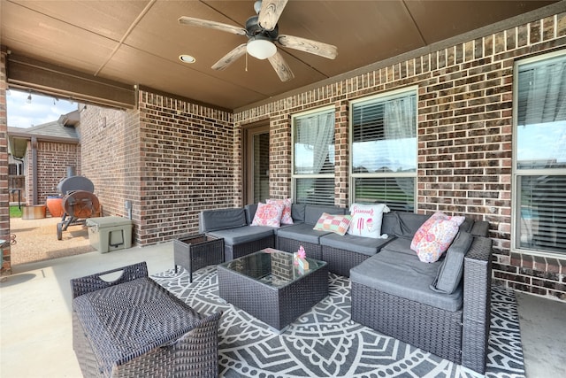 view of patio / terrace with ceiling fan, outdoor lounge area, and area for grilling