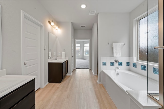 bathroom featuring vanity, wood-type flooring, and a tub