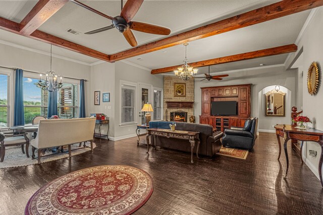 living room featuring ceiling fan, dark wood-type flooring, and ornamental molding