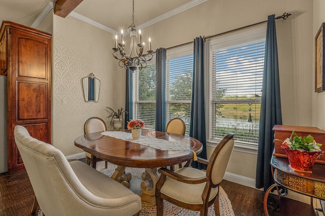 dining room featuring a wealth of natural light, a chandelier, ornamental molding, and dark hardwood / wood-style floors