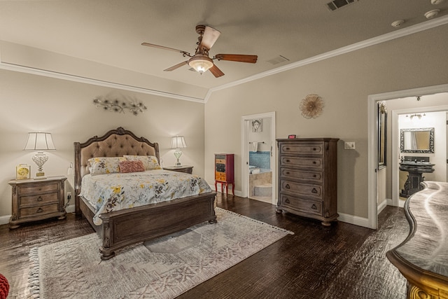 bedroom with ensuite bathroom, ceiling fan, lofted ceiling, dark hardwood / wood-style floors, and ornamental molding