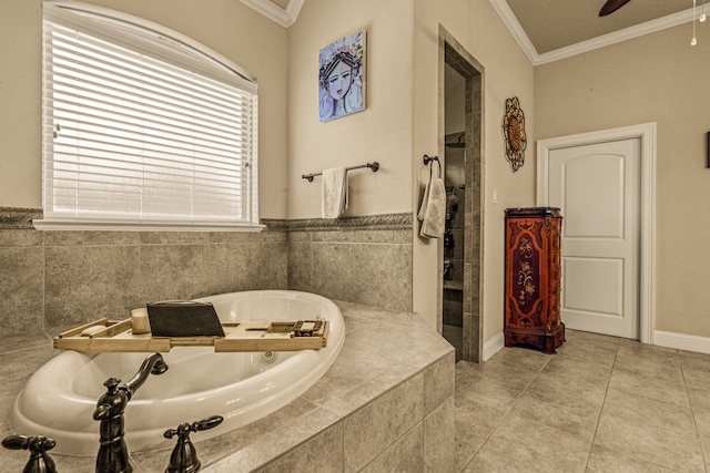 bathroom featuring ceiling fan, tile patterned flooring, crown molding, and separate shower and tub