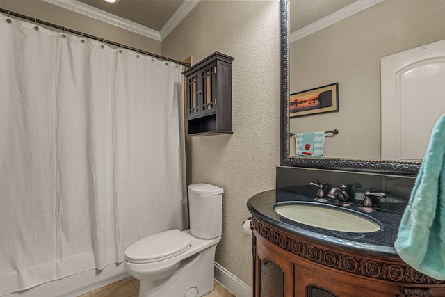 full bathroom featuring toilet, vanity, tile patterned floors, crown molding, and shower / tub combo with curtain