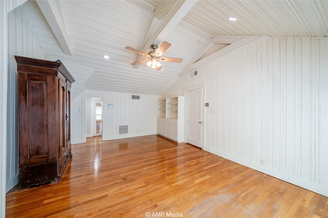 unfurnished living room featuring lofted ceiling with beams, light hardwood / wood-style flooring, and ceiling fan