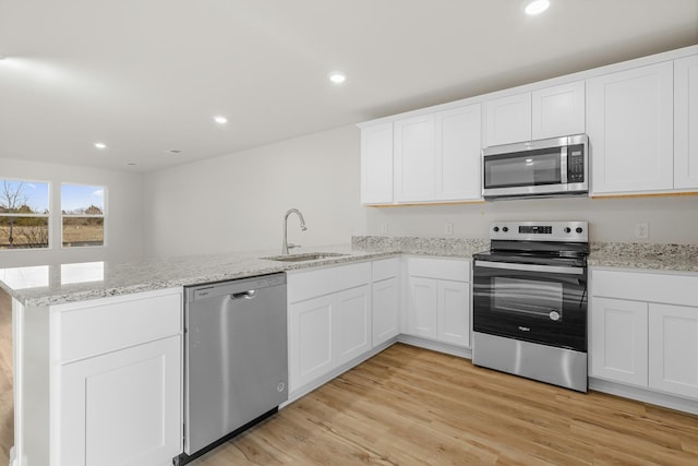 kitchen featuring sink, white cabinets, light hardwood / wood-style floors, kitchen peninsula, and stainless steel appliances